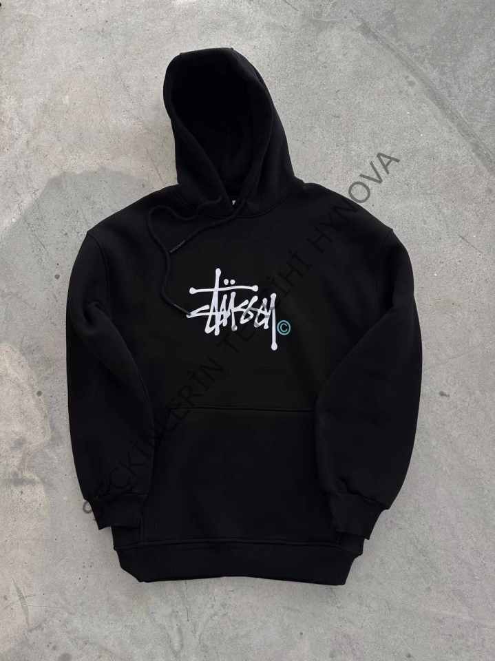 Üç İplik Kapşonlu Baskılı SweatShirt - Siyah