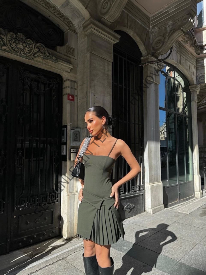 İki Parçalı Pileli Askılı Mini Elbise - Haki