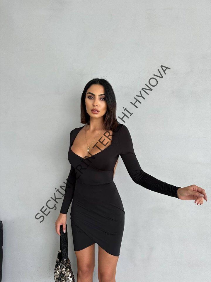Kadın Uzun Kollu Göğüs Ve Sırt Dekolteli Kruvaze Etek Detay Fırsat ürün Mini Elbise