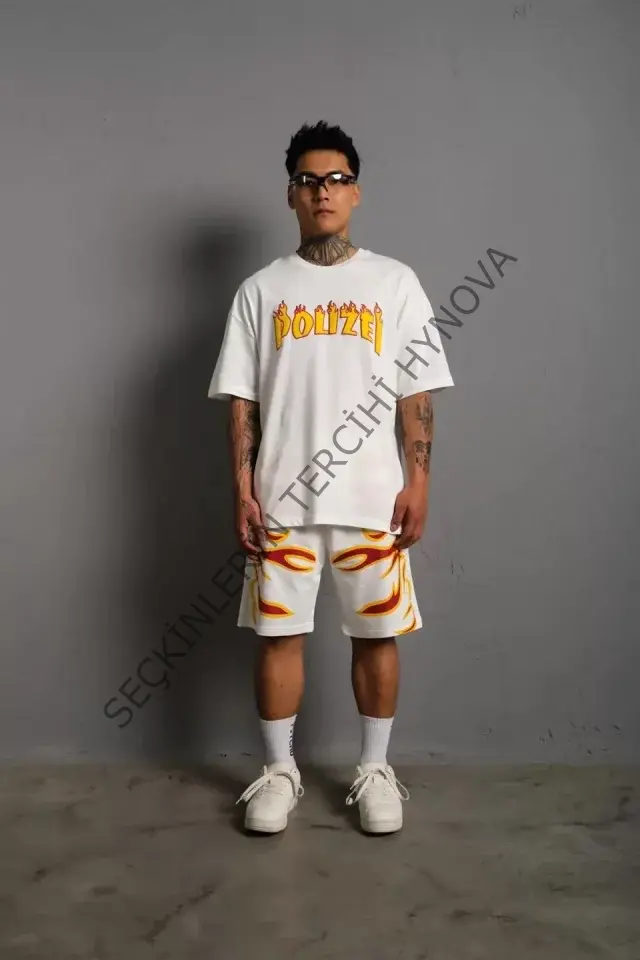 Erkek Alev Baskılı İkili Şortlu Takım - Beyaz