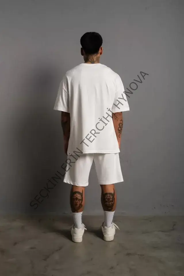 Erkek Alev Baskılı İkili Şortlu Takım - Beyaz