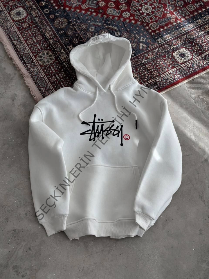 Üç İplik Kapşonlu Baskılı SweatShirt - Beyaz