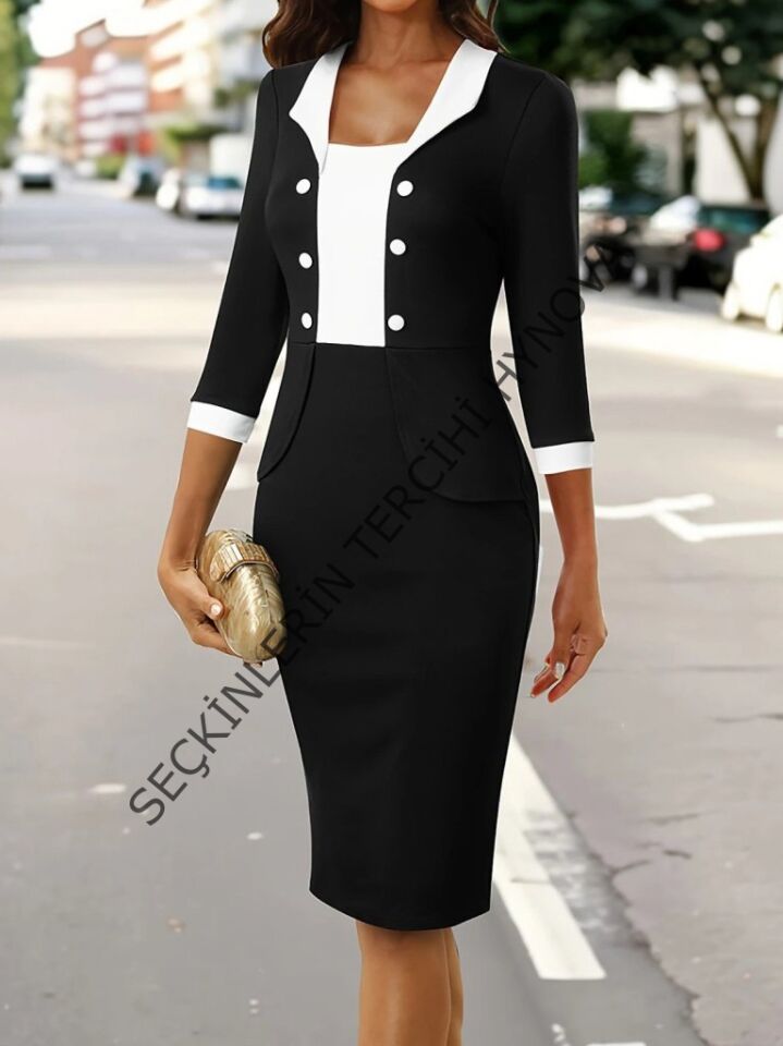 Kadın Truvakar Kol çift Renkli Düğmeli Kısa Ithal Krep Elbise