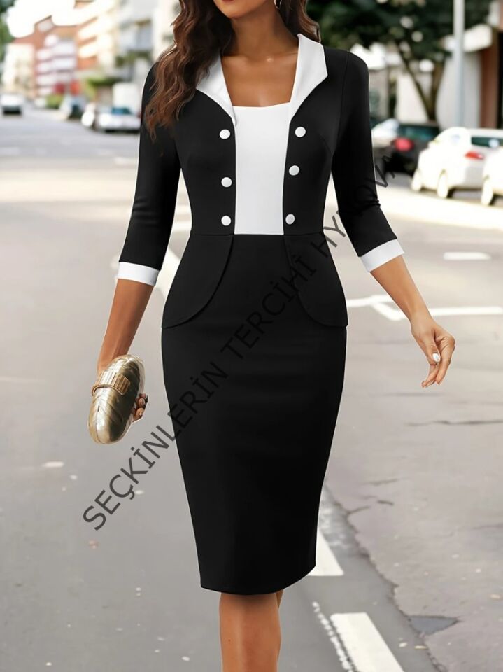 Kadın Truvakar Kol çift Renkli Düğmeli Kısa Ithal Krep Elbise