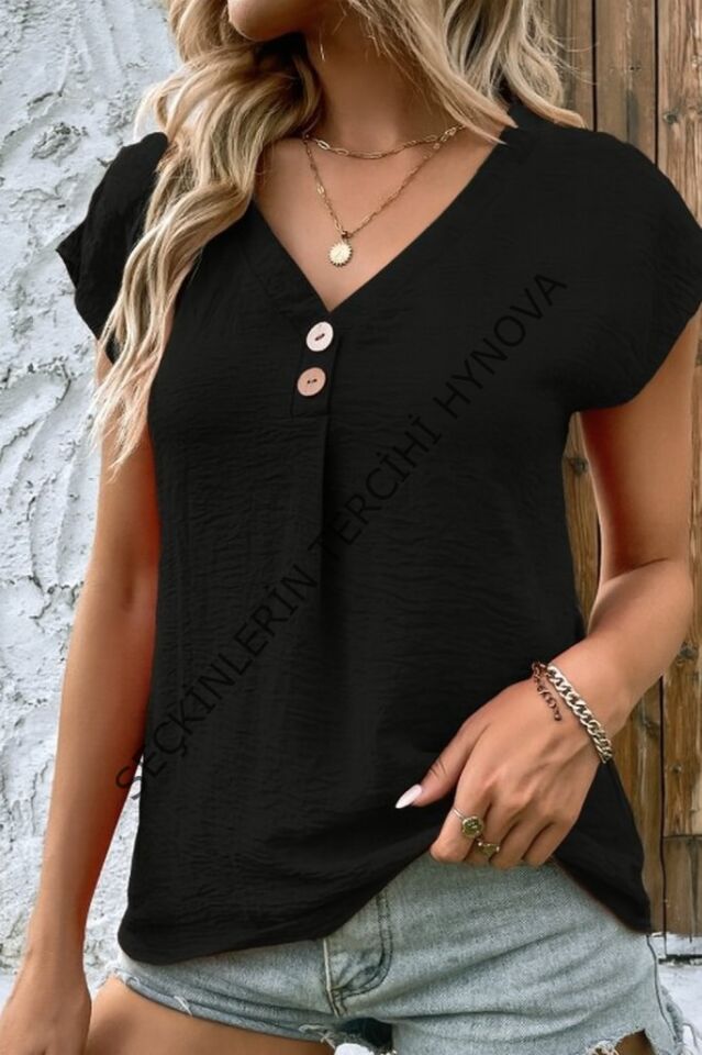 Kadın Kısa Kollu V Yakalı Düğmeli Keten Bluz