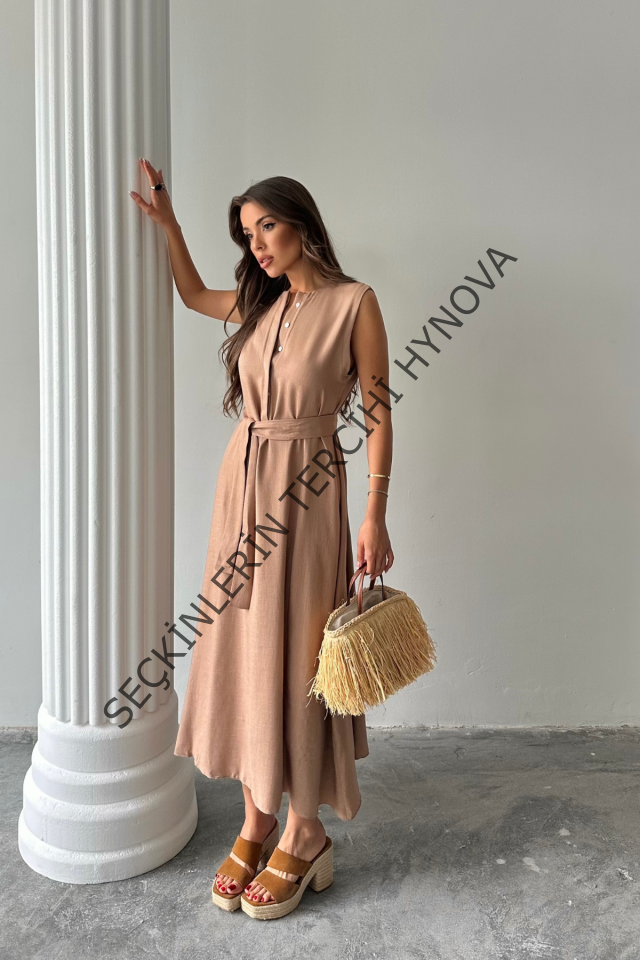KETEN ELBİSE KOLSUZ BEL BAĞLAMALI MAXİ ELBİSE - Kahverengi