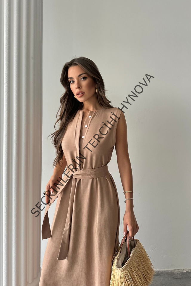 KETEN ELBİSE KOLSUZ BEL BAĞLAMALI MAXİ ELBİSE - Kahverengi