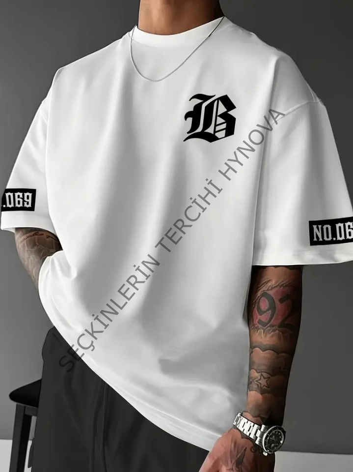 Baskılı Oversize Bisiklet Yaka T-shirt - Beyaz