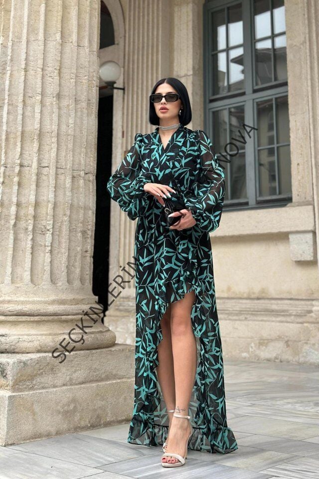 Desenli Desenli Fırfırlı Elbise