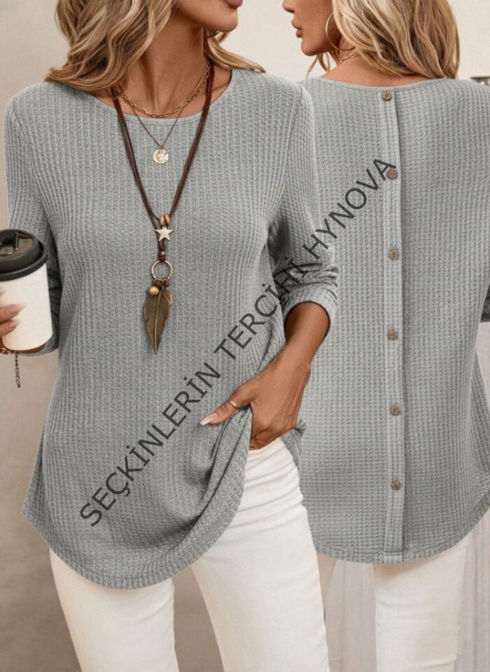 Kadın Uzun Kollu Yuvarlak Yaka Arkadan Düğmeli Waffle Bluz