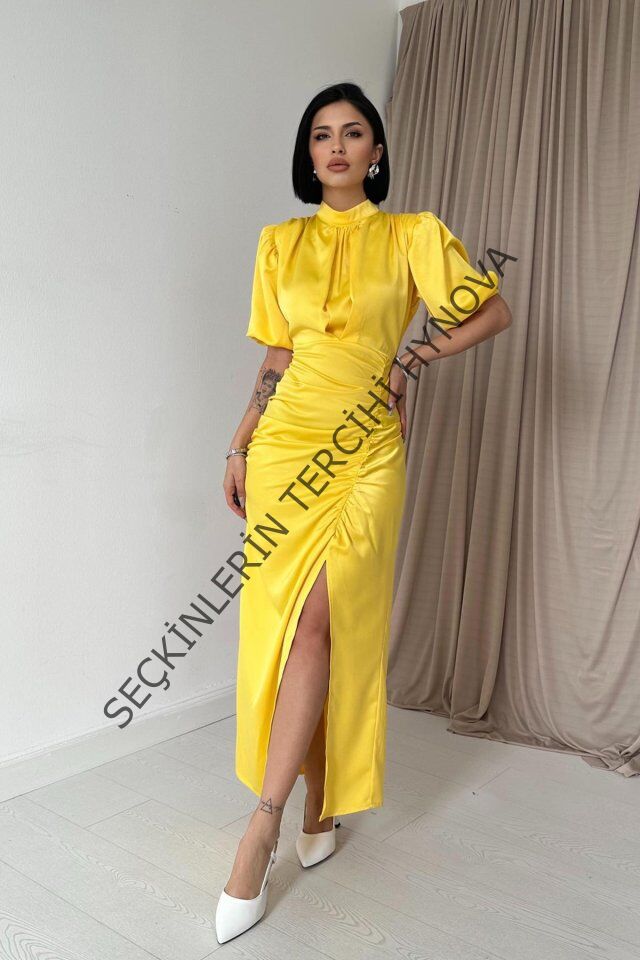 Sarı Büzgülü Saten Elbise