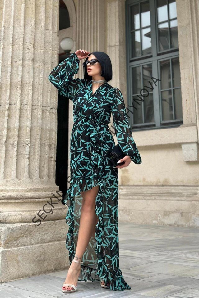 Desenli Desenli Fırfırlı Elbise