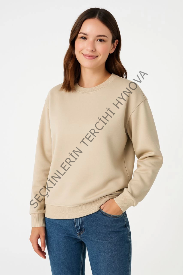 Üç İplik Düz Bisiklet Yaka SweatShirt - Bej
