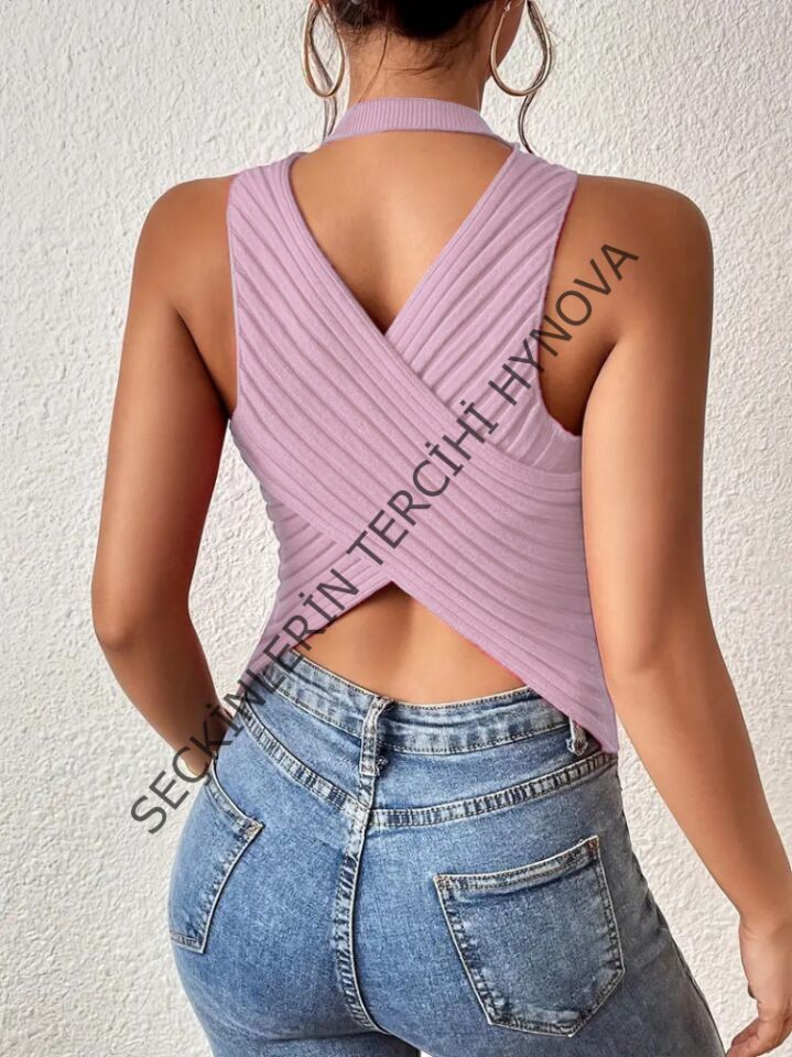 Kadın Kolsuz Sırt çapraz Detay Triko Bluz