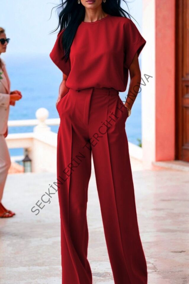 Kadın Kısa Kollu Bisiklet Yaka Bluz Yüksek Bel Cep Detaylı Pantolon Atlas Ikili Takım
