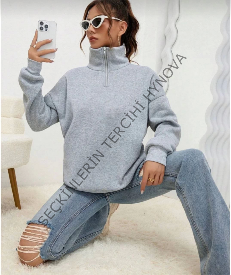 Unisex Uzun Kol Yarım Farmuarlı Yakalı Basic SweatShirt - Gri