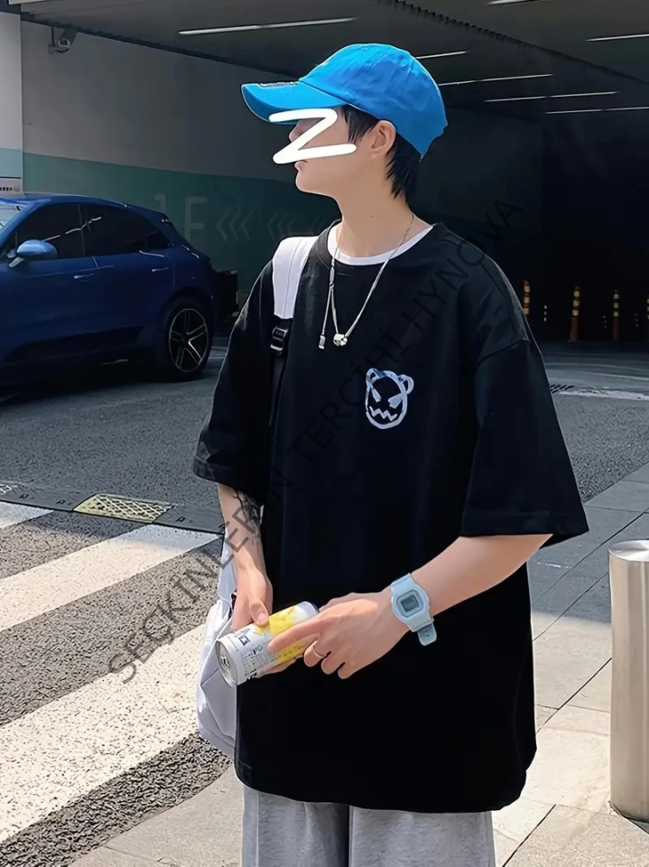 Baskılı Oversize Bisiklet Yaka T-shirt - Siyah