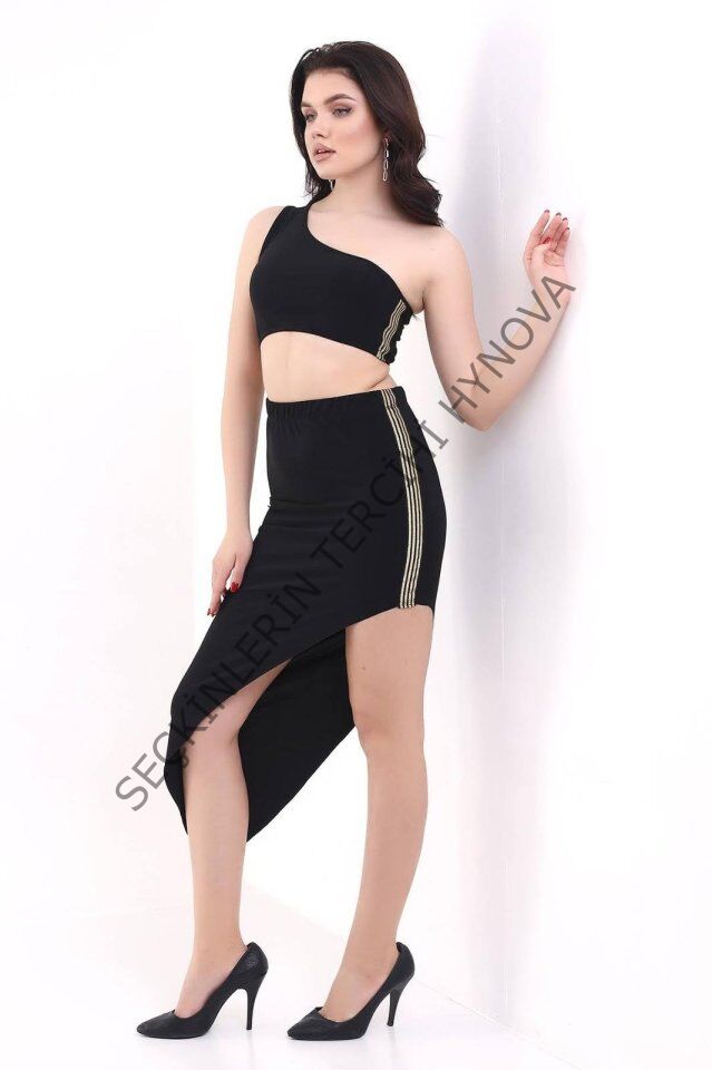 Kadın Tek Omuzlu Asimetrik Etek Şerit Detaylı Fırsat Ürün Sandy Kumaş İkili Takım