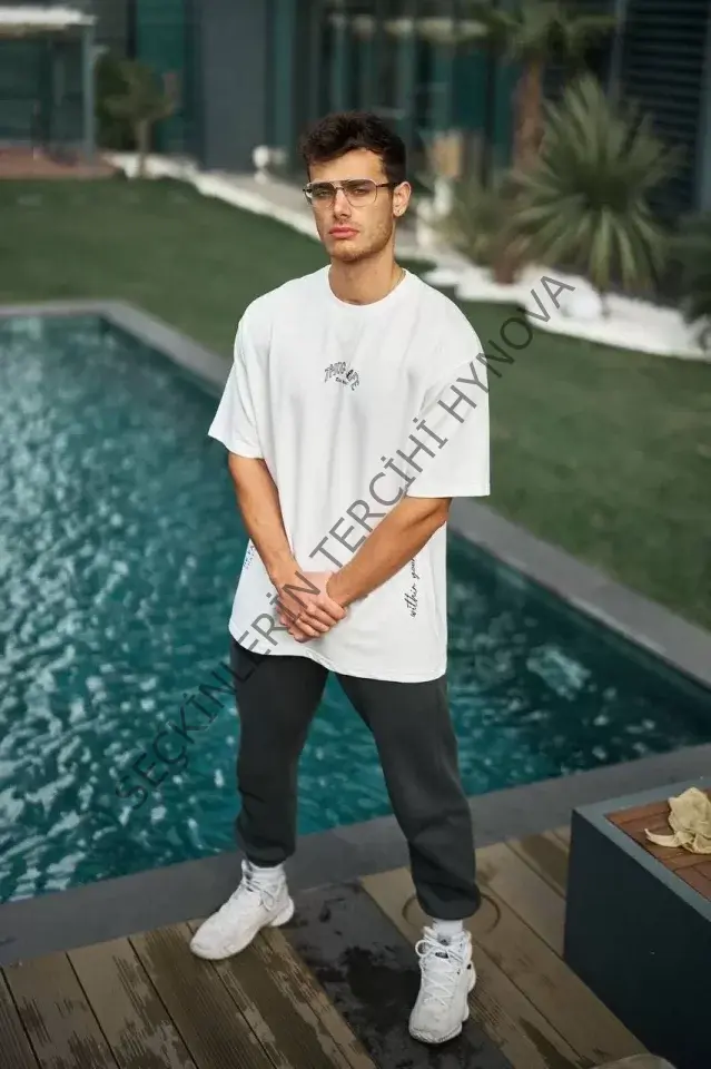 Unisex Baskılı Oversize T-Shirt - Beyaz