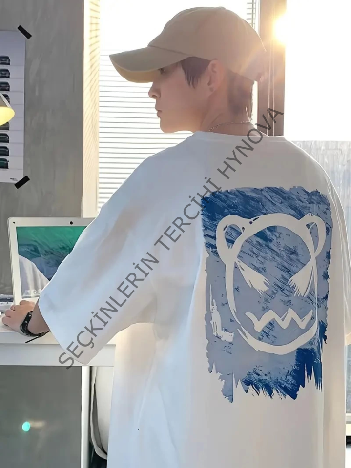 Baskılı Oversize Bisiklet Yaka T-shirt - Beyaz