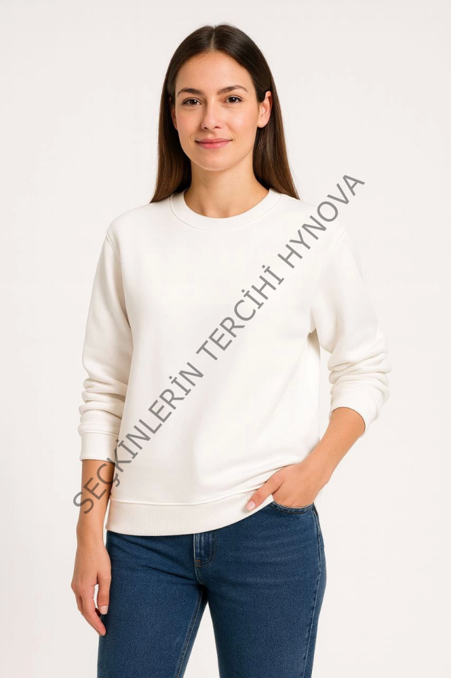 Üç İplik Düz Bisiklet Yaka SweatShirt - Beyaz