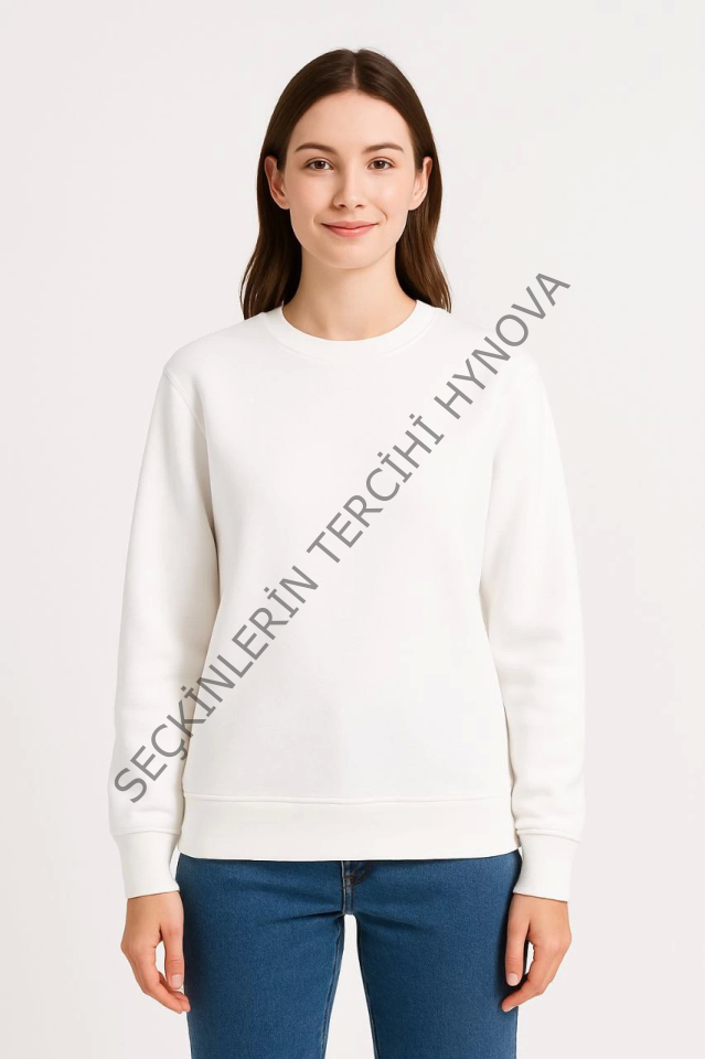 Üç İplik Düz Bisiklet Yaka SweatShirt - Beyaz