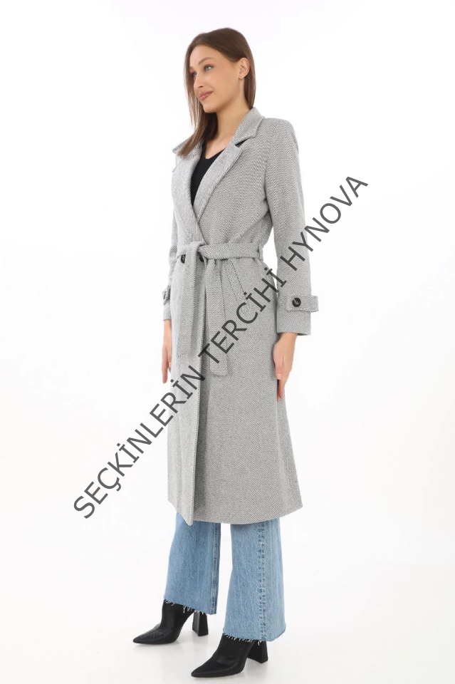 Balık Sırtı Kaşe Kaban – Uzun Boy Kruvaze Yaka Kuşaklı Astarlı Kışlık Tesettür Kaban, Yünlü Dokuma Kaşmir Kumaş, Cepli Rahat Oversize Kalıp Şık Modern Kaban Mont Modeli (Günlük Ve Özel Gün Kombinlerine Uygun) - Gri