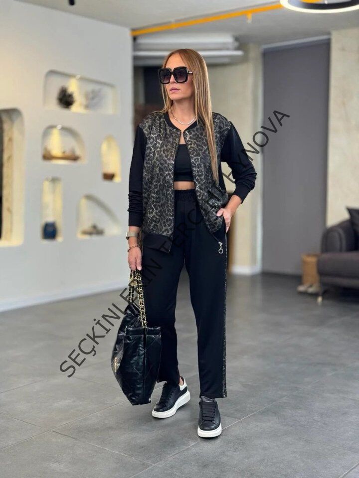 Kadın İki İplik Kumaş Yılan Desenli Fermuarlı İkili Takım