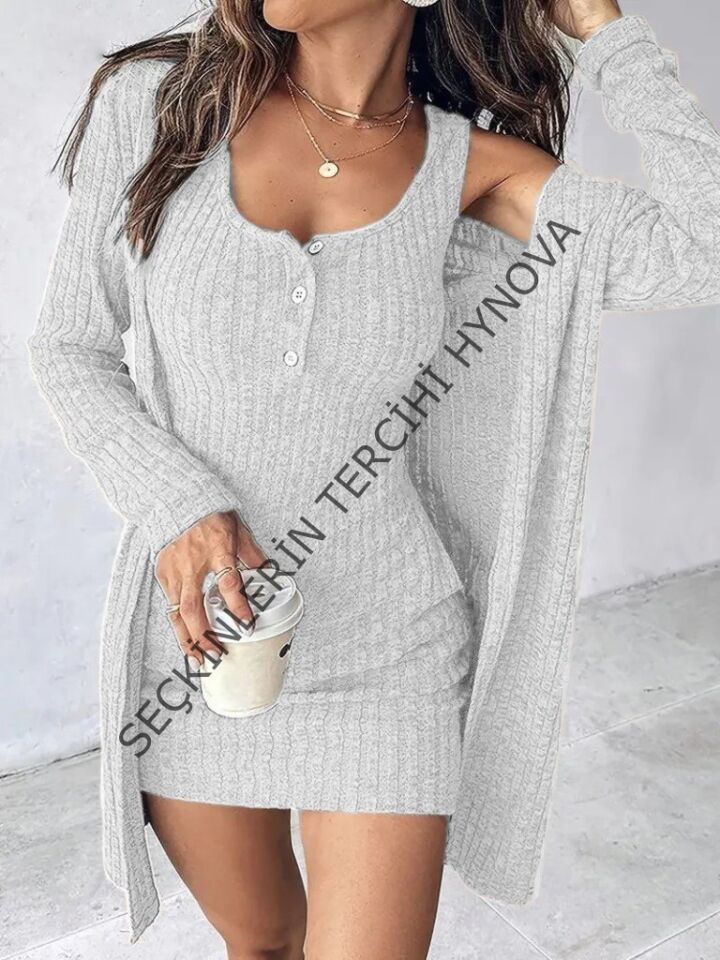 Kadın Askılı Yuvarlak Yakalı önü Düğmeli şardonlu Kaşkorse Mini Elbise Ve Kısa Ceket