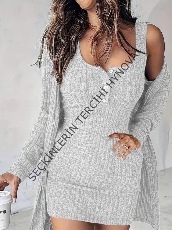 Kadın Askılı Yuvarlak Yakalı önü Düğmeli şardonlu Kaşkorse Mini Elbise Ve Kısa Ceket