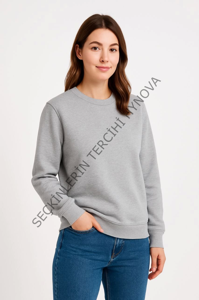 Üç İplik Düz Bisiklet Yaka SweatShirt - Gri