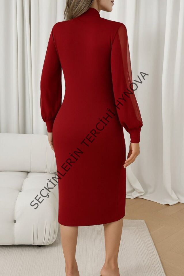 Kadın Uzun Kollu Yarı Balıkçı Yaka Tül Ve Inci Detaylı Kısa Ithal Krep Midi Elbise