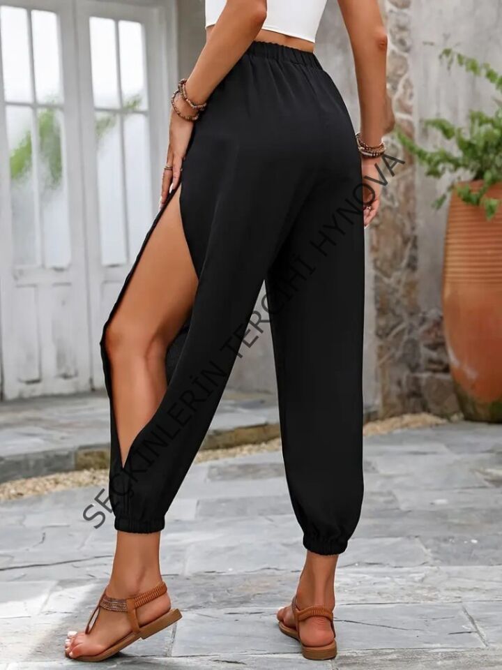 Kadın Yüksek Belli Yanlardan çapraz Detay Yırtmaçlı Viskon Pantolon