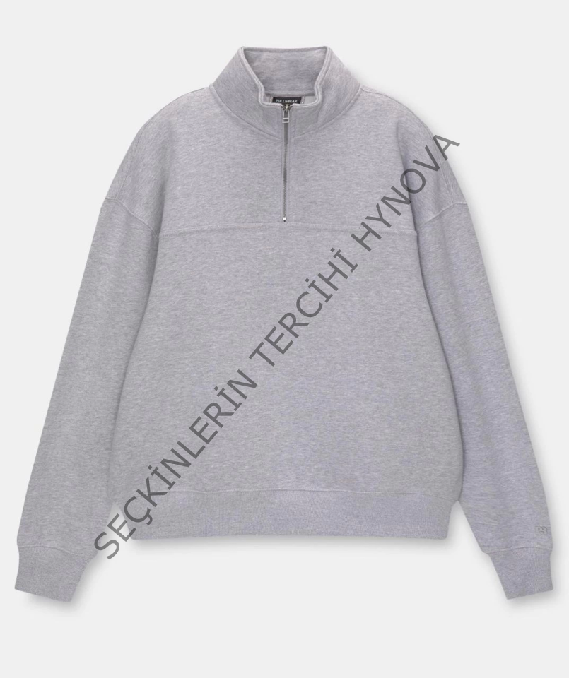 Oversize Yarım Farmuarlı Yakalı Basic SweatShirt - Gri