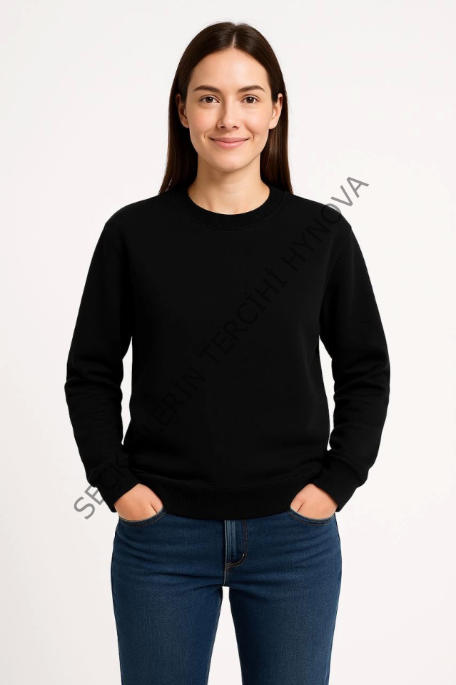 Üç İplik Düz Bisiklet Yaka SweatShirt  - Siyah