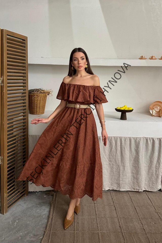 Kahverengi Omzu Lastikli Brode Elbise