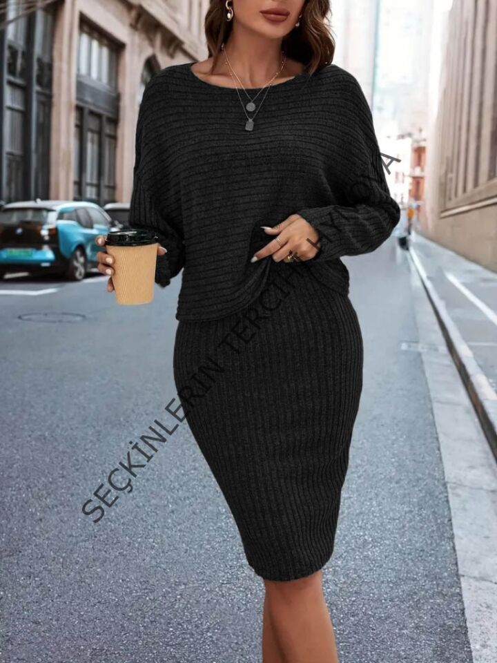 Kadın Uzun Kollu Iki Yanı Açık Yaka Detaylı Bluz Ve Etek şardonlu Kaşkorse Ikili Takım