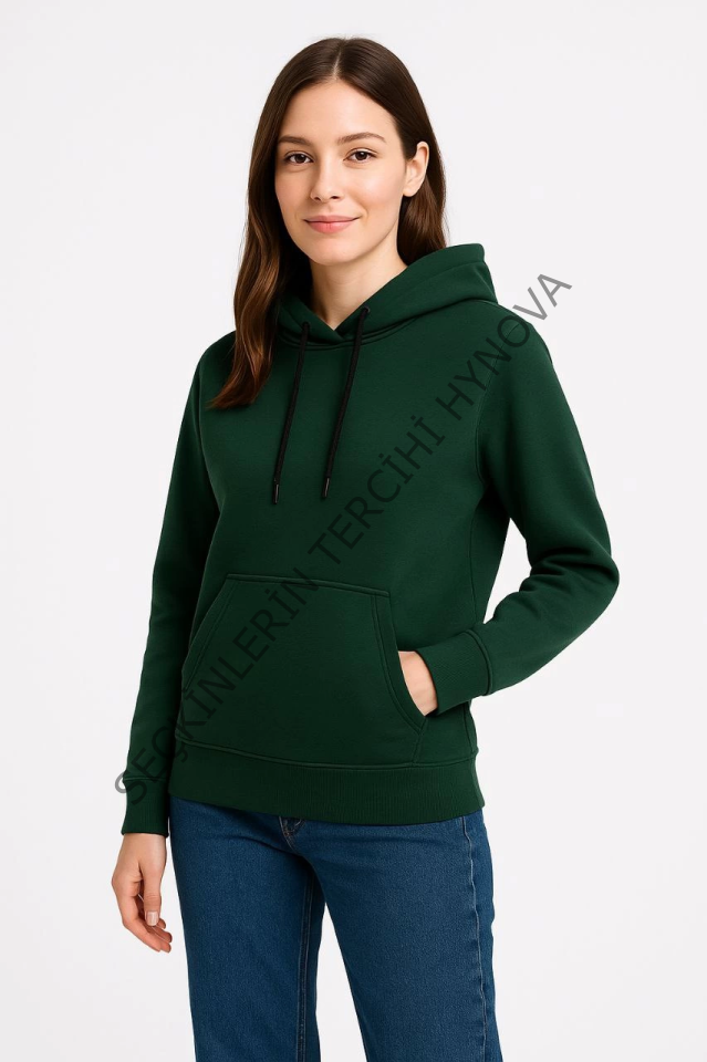 Üç İplik Kapüşonlu Kanguru Çepli SweatShirt Hoodie - Haki