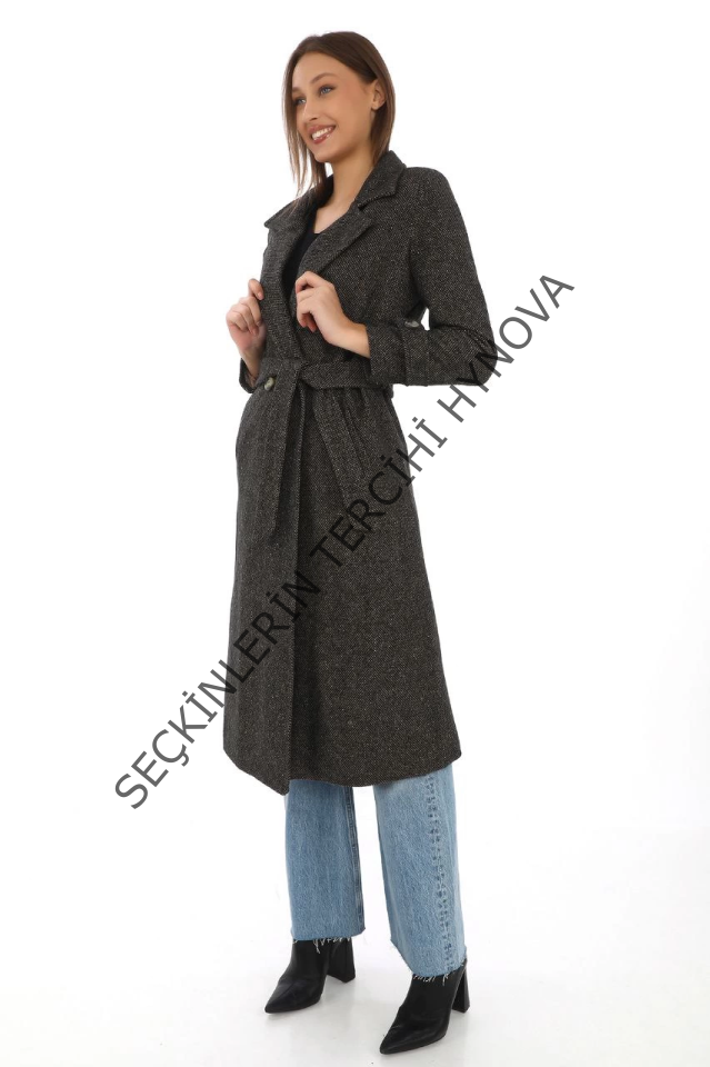 Balık Sırtı Kaşe Kaban – Uzun Boy Kruvaze Yaka Kuşaklı Astarlı Kışlık Tesettür Kaban, Yünlü Dokuma Kaşmir Kumaş, Cepli Rahat Oversize Kalıp Şık Modern Kaban Mont Modeli (Günlük Ve Özel Gün Kombinlerine Uygun) - Kahverengi