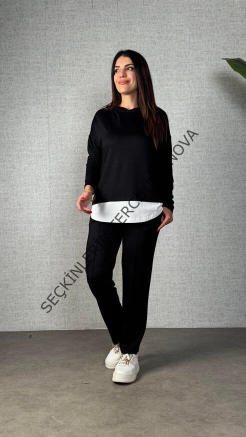 Kadın Uzun Kollu Kapşonlu Bağcıklı Viskon Iki Iplik Bluz Ve Pantolon Ikili Takım