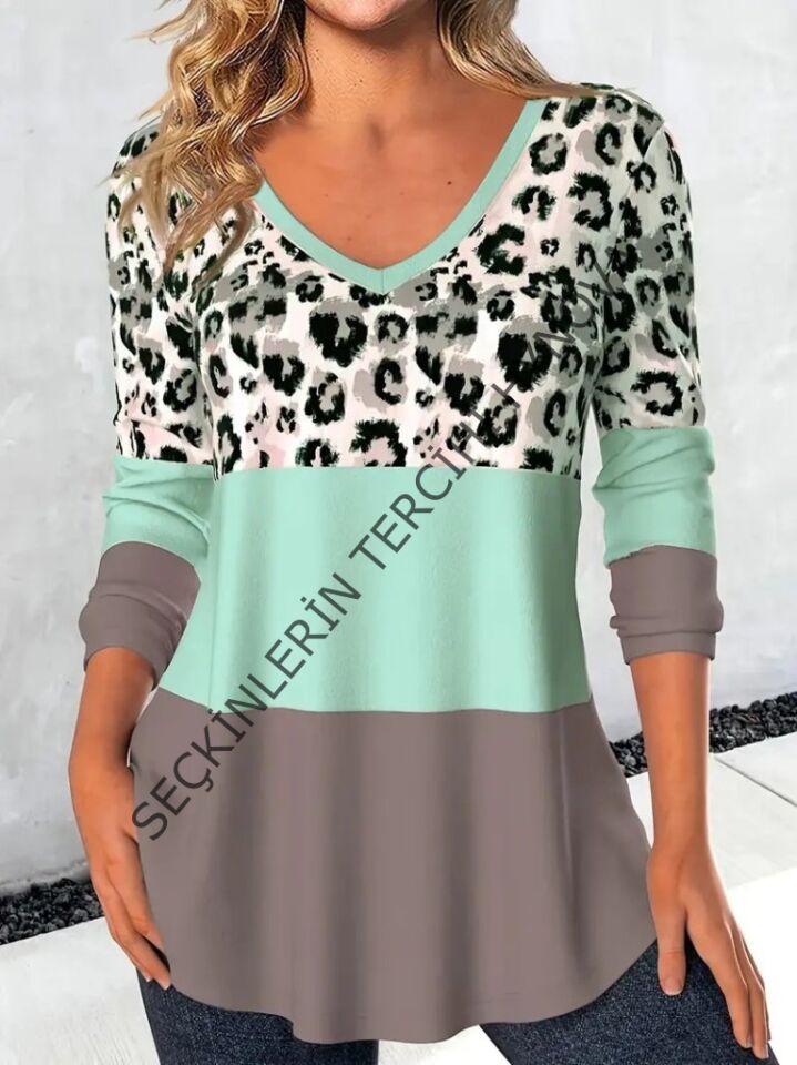 Kadın Uzun Kollu V Yakalı Leopar Baskılı şardonlu Dalgıç Bluz