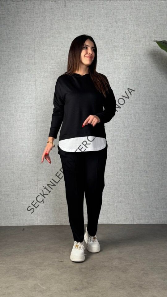 Kadın Uzun Kollu Kapşonlu Bağcıklı Viskon Iki Iplik Bluz Ve Pantolon Ikili Takım