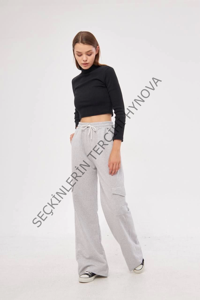 Kargo Cepli Palazzo Oversize Kesim İki Iplik Bol Paça Eşofman Altı Pantalon - Gri