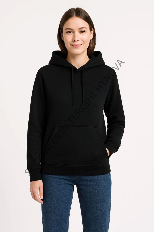 Üç İplik Kapüşonlu Kanguru Çepli SweatShirt Hoodie - Siyah
