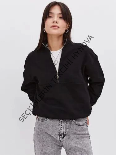 Oversize Yarım Farmuarlı Yakalı Basic SweatShirt - Siyah