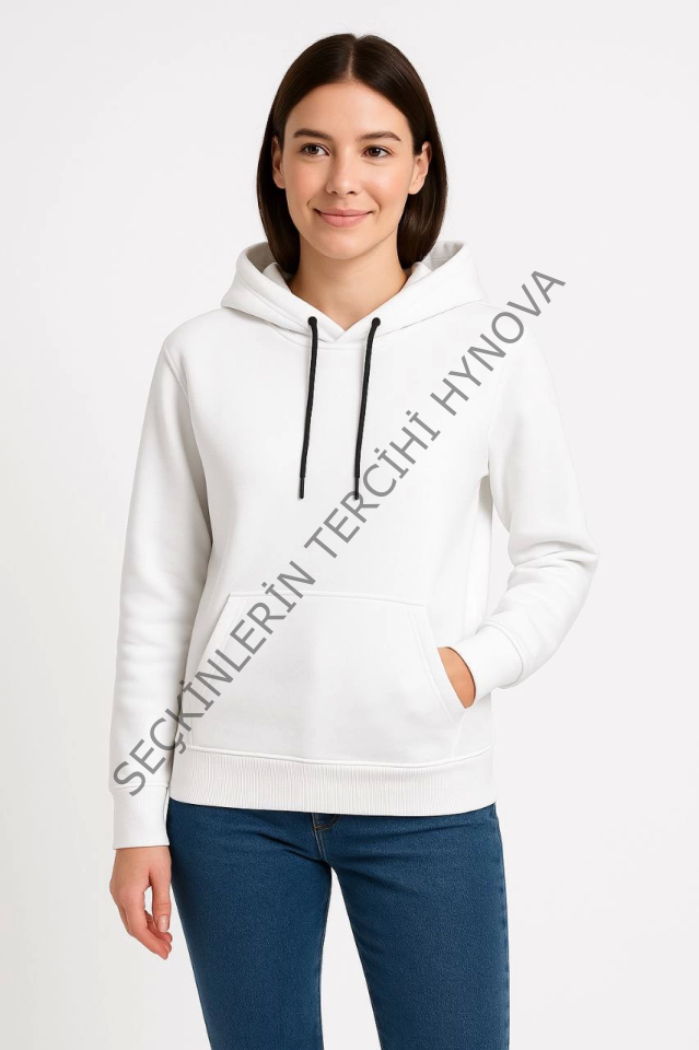 Üç İplik Kapüşonlu Kanguru Çepli SweatShirt Hoodie - Beyaz