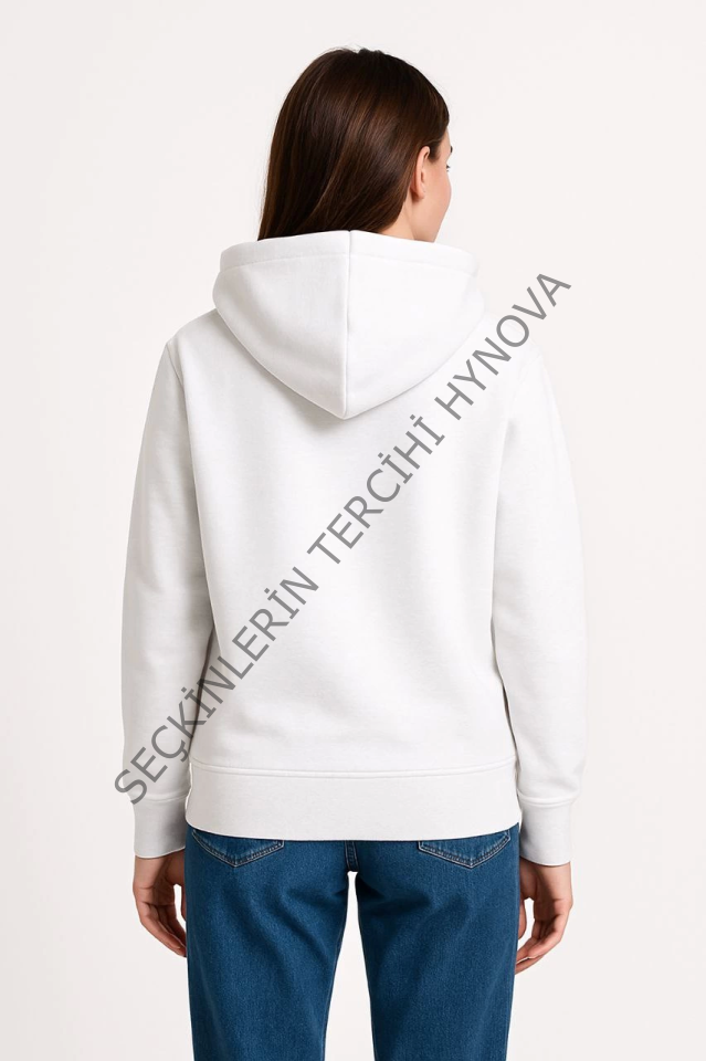 Üç İplik Kapüşonlu Kanguru Çepli SweatShirt Hoodie - Beyaz