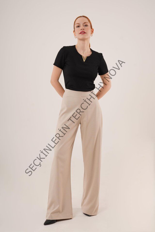 Bol Paça Yandan Fermuarlı Krem Kumaş Pantolon