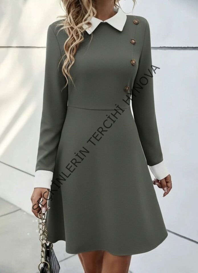 Kadın Uzun Kollu Yakalı Düğmeli çağla Yeşili Modal Mini Elbise