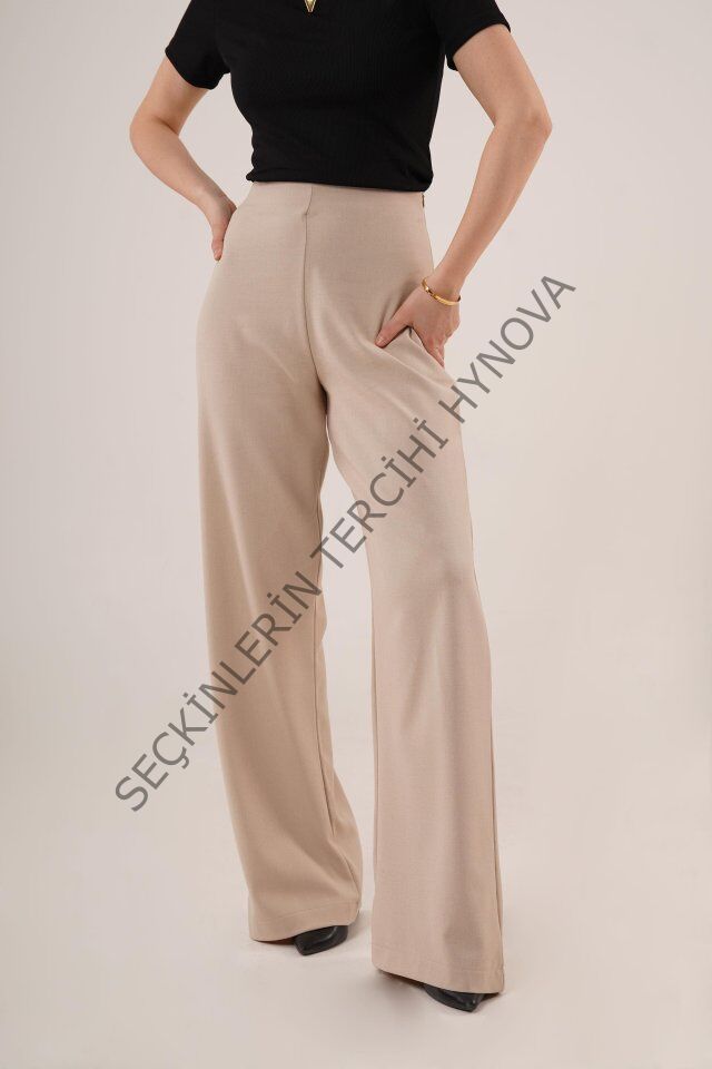 Bol Paça Yandan Fermuarlı Krem Kumaş Pantolon